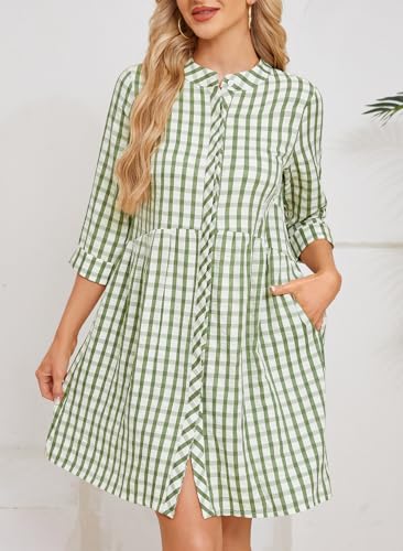 Ladyful Women's 3/4 Sleeve Plaid Mini Dress Gingham Button Down Crewneck Casual Checkered Tunic Shirt Dress2