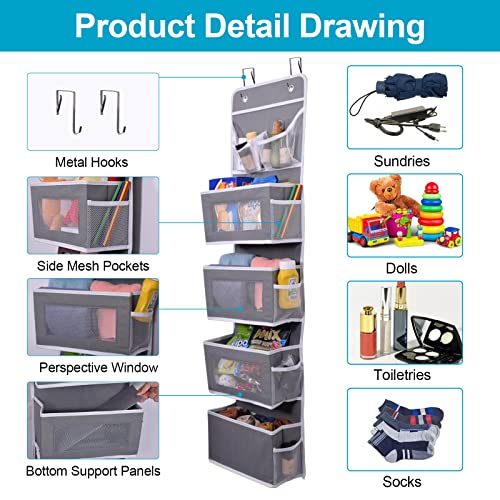 Aeeteek 1 Pack Over The Door Hanging Organizer 5-Shelf Closet Cabinet Storage Bag 49.2 * 13 * 5.5 In Wall Mount Large Capacity Hanging Shelves Drawers For Kitchen Bathroom Nursery (Grey) #TOP2