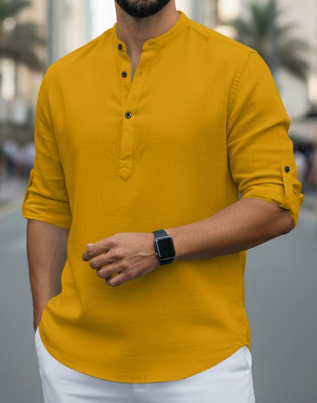 Image of Men Cotton Blend Mandarin Collar Casual Kurta Shirt | Roll-Up Sleeves | Regular Fit Ethnic Short Kurta for Daily