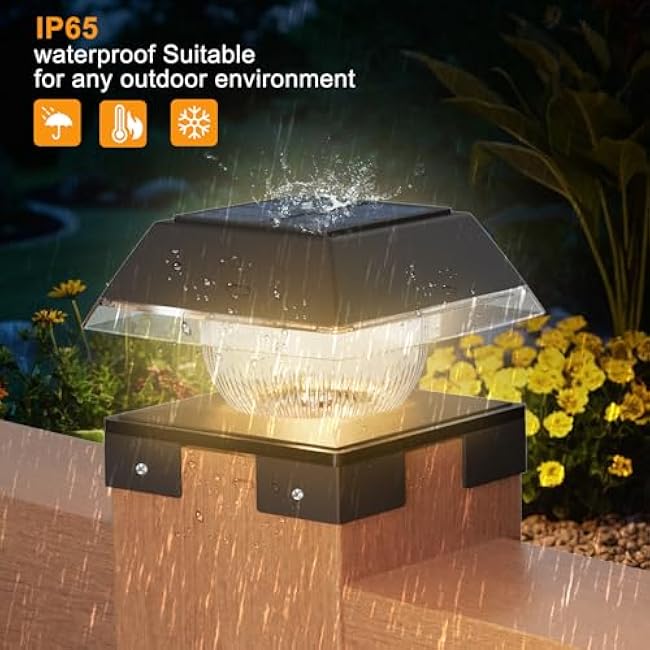 Sumaote Solar Post Cap Lights, IP65 Waterproof Post Solar Lights for 4x4 Vinyl Posts or 4x4 5x5 6x6 Wood Posts, Soft Cold White & Warm White Outdoor Lighting for Garden Yard Fence Deck Black, 2 Pack