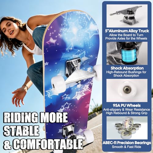 Image of Skateboards for Beginners Adults Youths Teens Kids Girls Boys 31 Inch Pro Complete Skate Boards 7 Layer Canadian Maple Double Kick Concave Longboards