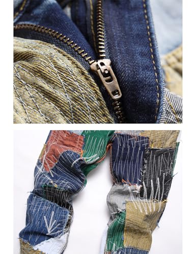 Men Patchwork Release Hem Slim Straight Denim Jeans4
