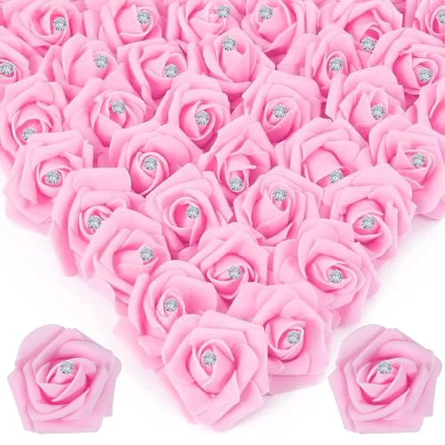 Image of 100Pcs Real Looking Pink with Diamonds Artificial Rose Flower Heads, Foam Fake Roses for DIY Wedding Decorations Baby Shower Centerpieces Home Party Valentine's Day Mother's Day Decor