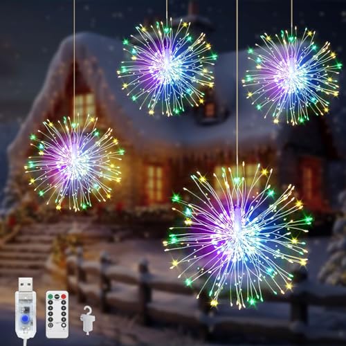 Acxilexy 4 Piezas Luces de Cuerda de Fuegos Artificiales, 480 LEDs USB Fuegos Artificiales Luces con 8 modos, impermeables Luces de Fuegos Artificiales, Guirnaldas Luces para Fiesta Jardín Patio