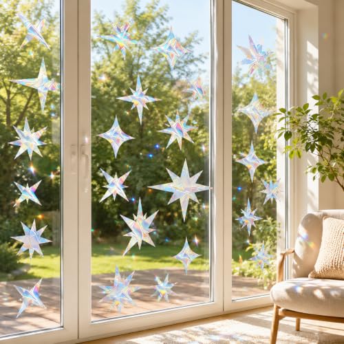 Image of 60 Pcs Star Window Decals to Prevent Bird Strikes - Anti-Collision Window Stickers for Birds, Rainbow Vinyl Suncatcher Stickers, Reusable Static Clings for Bird Window Deterrent, No Glue Needed