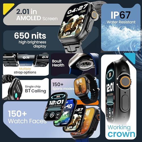 Image of GOBOULT Crown Pro Smart Watch 2.01'' AMOLED, BT Calling, Working Crown, AOD,Zinc Alloy Frame,650Nits Brightness, AI Voice Assistant, SpO2 Monitoring, 120+ Sports Mode(Midnight Black)