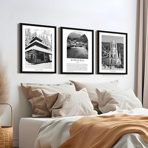 Image of PAINTINGMANTRA Wall Art for Home A3 Himachal Wall Art Prints Pack of 3 Framed Wall Decor Featuring Heritage Landmarks, Himalayan Scenery Photography Wall Art Living Room, Bedroom, Office (32x44 cm)