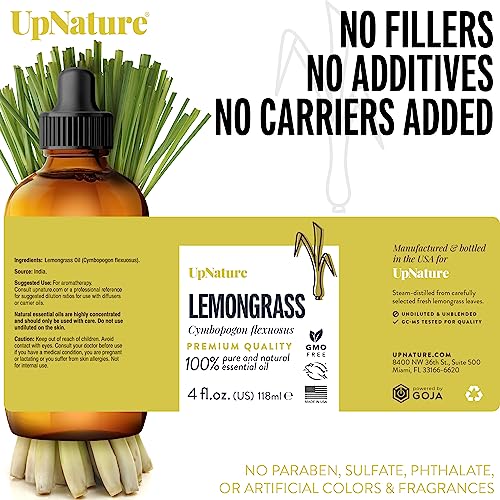Upnature Lemongrass Essential Oil - 100% Natural & Pure, Undiluted, Premium Quality Aromatherapy Oil- Improve Digestion, 4Oz #TOP2