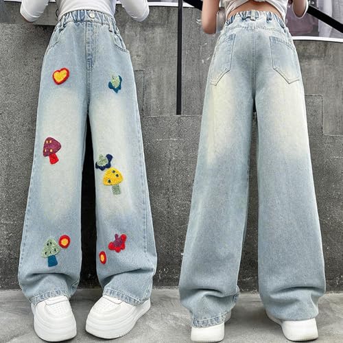Girls Cute Mushroom Graphic Wide Leg Jeans Loose Elastic Waist Comfy Summer Kids Casual Denim Pants for 5-15 Years4