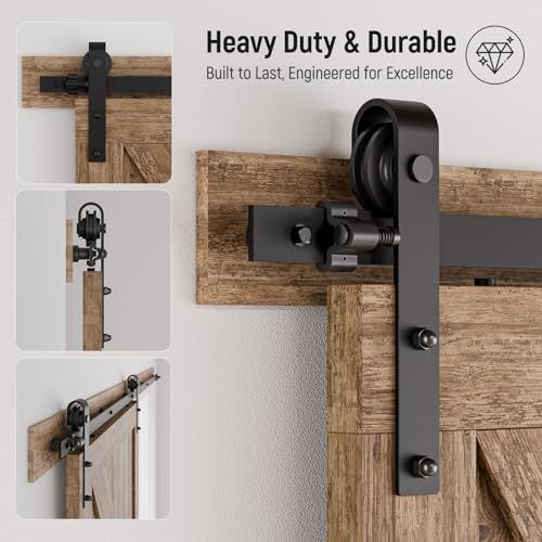 Image of CCJH 8FT Single Sliding Barn Door Hardware Kit Black Basic Roller Carbon Steel Hanger Flat Track System for Closet Kitchen 1 Door 48 inch Wide