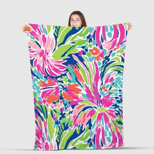Image of Tropical Floral Throw Blanket - Soft Flannel Fleece Blanket 50x60 Inch - Bright Pink Green Blue Lightweight Cozy Blanket for Couch, Bed, Sofa, or Dorm Room Decor