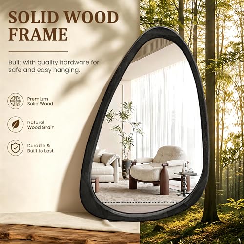 Image of Asymmetrical Mirror, 30 inchx20 inch Unique Irregular Wall Mirror, Wood Mid Century Modern Mirror Decor for Bathroom Bedroom Living Room Entryway Hallway (Black)