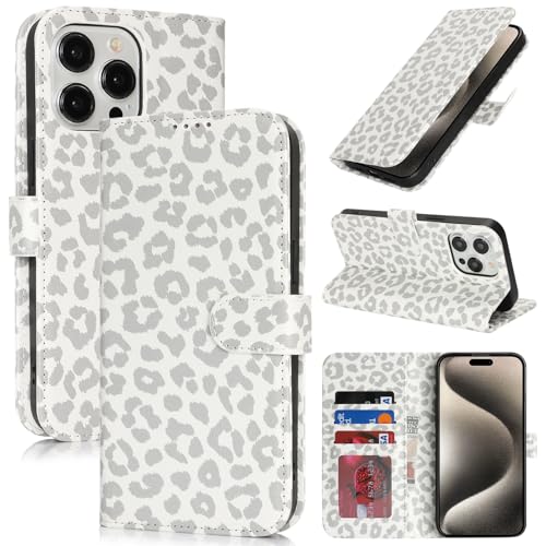 Image of for iPhone 15 Pro Max Case Wallet with Card Holder,for iPhone 15 Pro Max Wallet Case for Women Men,PU Leather Shockproof Magnetic Buckle Stand Flip Phone Case-White Leopard