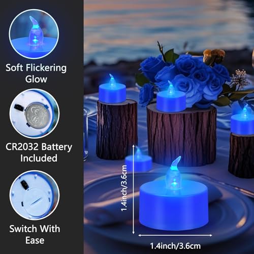 Image of Tea Lights Battery Operated Candles LED Tea Lights Flameless Candles 200+ Hours Flickering Fake Tealights for Sweetest Day Wedding Home Decorations Party (Blue Base, 24 Pack)