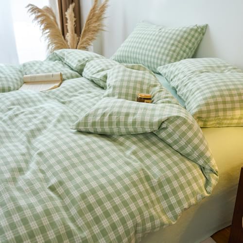 Image of EAVD Vintage Style Green&White Plaid Gingham Duvet Cover Queen Soft 100% Washed Cotton Fresh Grid Checkered Gingham Bedding Set with 2 Pillowcases Farmhouse Green Plaid Duvet Cover with Zipper Closure