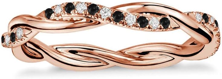 Alternate Black & White Diamond Twisted Full Eternity Ring For Women, 14k Gold Finish Black Diamond Swirl Wedding Band, Ladies Crossover Anniversary Band