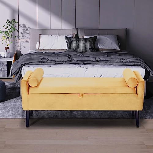 Ouchtek 47" Velvet Bedroom Bench Accent Cushioned Bench With Storage Modern Upholstered Ottoman Bench For Bedroom End Of Bed Bench With Arms And 2 Pillows, Yellow #TOP1
