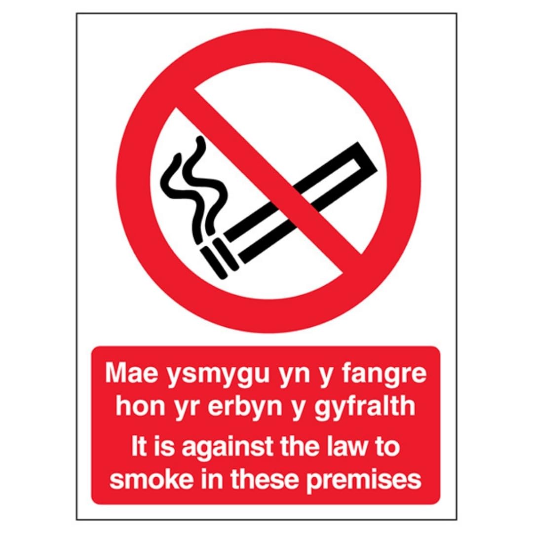V Safety Welsh/English - No Smoking In These Premises - Portrait 200 x 300mm - 1mm Rigid Plastic Safety Sign