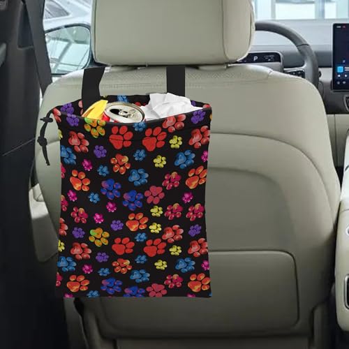 Image of Car Trash Bag Rainbow Animal Paw Print Car Garbage Bag Hanging Car Trash Can for Back Seat with Drawstring
