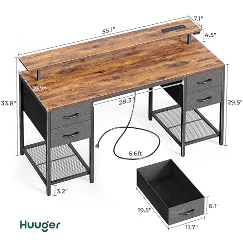 Image of Huuger 55 inch Computer Desk with 4 Drawers, Gaming Desk with LED Lights & Power Outlets, Home Office Desk with Large Storage Space for Bedroom, Work from Home, Rustic Brown