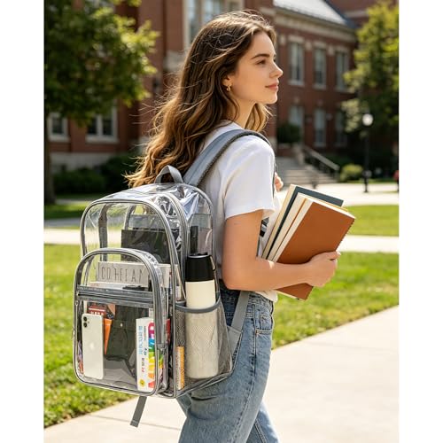 Image of gdbis Clear Backpack Heavy Duty, 17 inch Large PVC Transparent Bag with Reinforced Strap Stitches and Laptop Sleeve See Through Casual Backpack for Work Concert Travel Security - Grey
