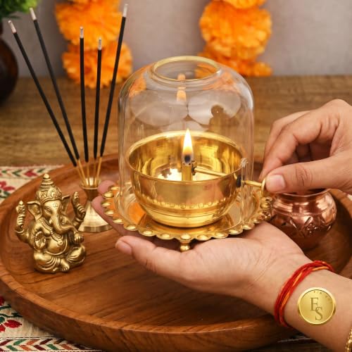 Image of Ein Sof Akhand Diya with Adjustable Bati for Pooja (5 inches), Large Size Brass Diyas with Wick Lifting Screw Lever & Borosilicate Glass Cover for Home Decoration, Puja & Gifting (250ml, 48 Hour)