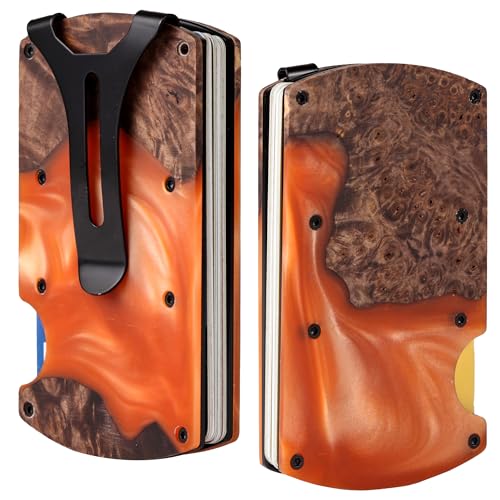 Image of Wallet for Men, Minimalist Slim RFID Blocking Resin Wood Credit Card Holder with Money Clip, Easily Removable Cash&Card Metal Wallet,Resin River,Natuarl Walnut Wood,Unique Pattern,Gift for Men