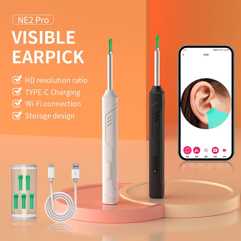 Earwax Removal Kit with Camera and Light, 6 Ear Spoons, for iOS & Android Devices, White