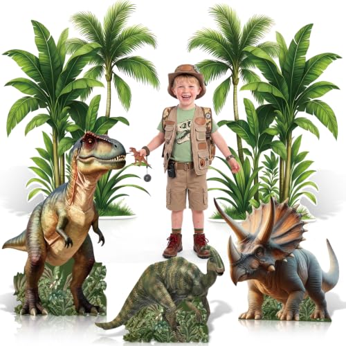Image of 5 Pcs Dinosaur Party Decorations Set, Jungle Trees T-rex Dino Cardboard Cutouts with Sturdy Bases for Jungle Safari Baby Shower Party Jungle-Dinosaur Birthday Photo Backdrop