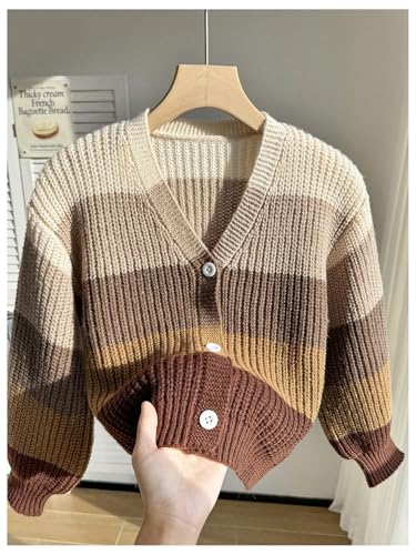 Image of BEAUDRM Girl's Rainbow Cardigan Sweater Fall Cute Sweaters Colorblock Button Down Cardigan Long Sleeve Knitted Top