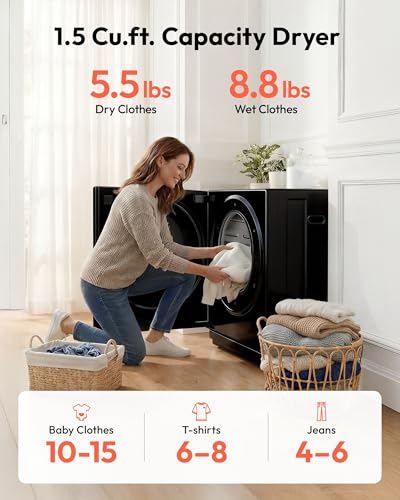 Image of EUHOMY 1.5 Cu.ft Portable Dryer with 4 Drying Programs, 5.5lbs Clothes Capacity, Mirror Finish & LCD Panel, 850W Portable Clothes Dryer for Apartment, Dorm & RV, Black
