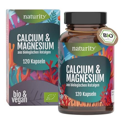 Naturity BIO Calcium & Magnesium 120 Kapseln I Kombi aus Calcium hochdosiert, 800 mg + Magnesium 80 mg I Bio aus Bio-Rotalgen I Vegan & ohne Zusätze