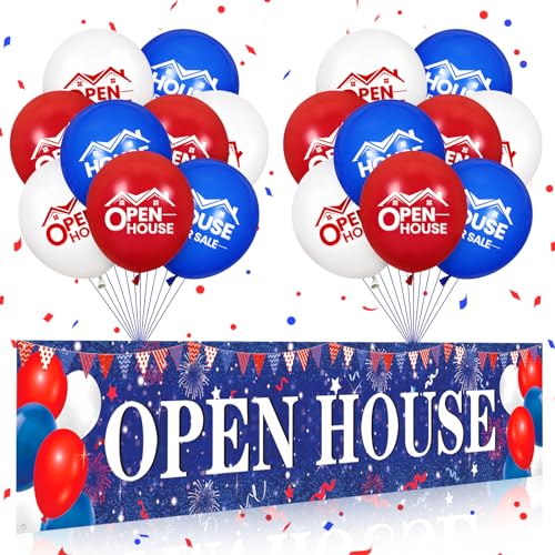 Open House Signs for Real Estate 98 x 18 Inches Banner Yard Sign With 18 PCS 12 Inch Latex Balloons - Agent Supplies for Outside Business (Red Blue White)