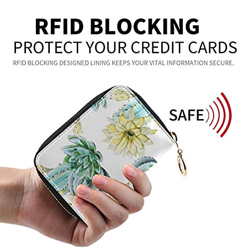 Turquoise Green Cactus Cacti Yellow Flowers on White Credit Card Coin wallet, Key Change Organizer Zipper Purse Compact Clutch Pouch Pocket, RFID Blocking Women Leather Card Holder2
