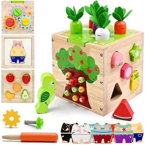 Image of Baby Wooden Activity Cube Center Toys for 1 2 3 4 Years Old Boys Girls Birthday Gifts, 5 in 1 Montessori Educational Learning Sensory Toys for Toddlers Kids 12 18 24 Months Fine Motor Skills Games