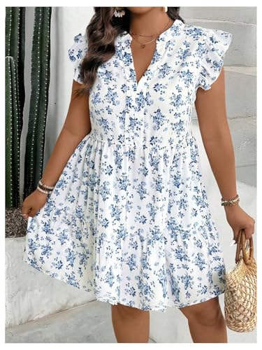 SOLY HUX Women's Plus Size Floral Dress Notched V Neck Cap Sleeve Ruffle Hem Babydoll Flowy Summer Short Dresses3