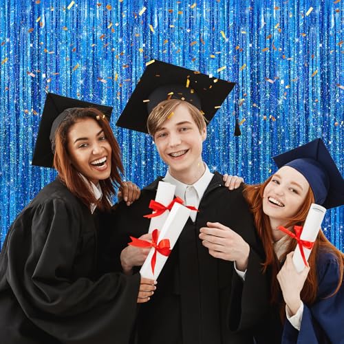Image of Crosize 5 Pack 3.3 x 9.9 ft Laser Dark Blue Foil Fringe Curtains Party Decorations, Laser Blue Tinsel Curtain Backdrop for Parties, Door Streamers, Glitter Streamer Backdrop for Birthday Decoration