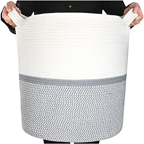 Image of MINTWOOD Design 83L Extra Large 20x18 Inches Decorative Woven Cotton Rope Basket, Tall Laundry Basket Hamper, Blanket Basket for Living Room, Round Storage Baskets for Pillows, Towels, Light Grey Mix