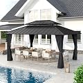 HAPPATIO 12'x16' Outdoor Gazebo with Hardtop Roof, Double Galvanized Steel Roof Canopy with Aluminum Frame, Curtains and Netting for Patio, Backyard, Deck, Lawn, Grey, Easy Assembly (Grey)