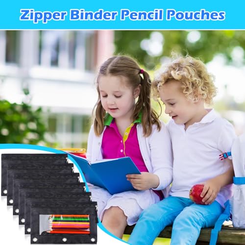 Image of Zhehao 200 Pcs Pencil Pouches for 3 Ring Binder, Bulk Zipper Pencil Pouch Pen Case with Clear Window Cloth Pocket 3 Hole Bag for Storing School Office Supplies (Black)