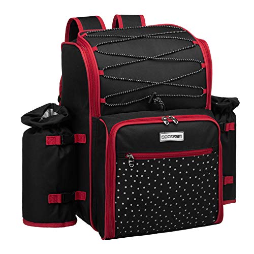 anndora Picknickrucksack 4 Personen schwarz weiß gepunktet + 29-TLG. Zubehör