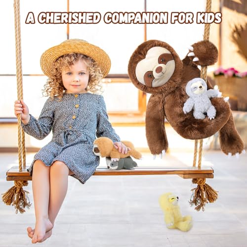 MorisMos Faultier riesen Kuscheltier XXL,60cm Sloth sitzende Faultier Stofftier Plüschtier mit 4 Baby im Bauch, Geburtstag Geschenk für Kinder Jungen