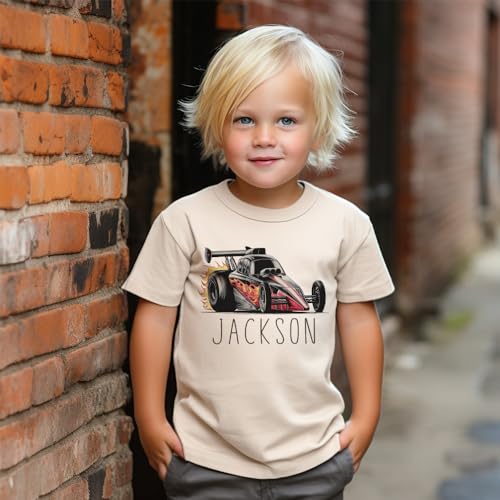 Personalized Dragster Kids Shirt - Custom Name Drag Racing Race Car Birthday Outfit For Boys & Girls - Natural Toddler Youth Kids Clothing3