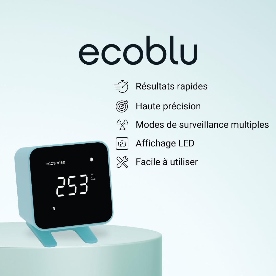 Ecosense EB100 EcoBlu, Détecteur de radon domestique, capture et affichage des résultats toutes les 10 minutes, surveillance continue à court et long terme, facile à utiliser