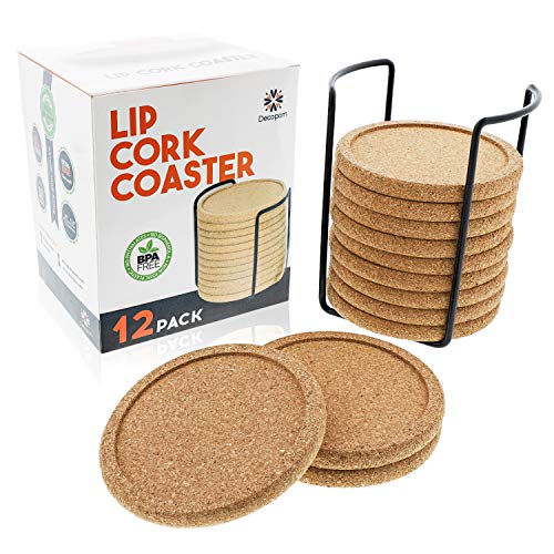 Cork Coasters With Lip For Drinks Absorbent | 12 Set 4 Inch Thick Rustic Saucer With Metal Holder Heat & Water Resistant | Best Reusable Natural Round Coasters For Bar Glass Cup Table #TOP7