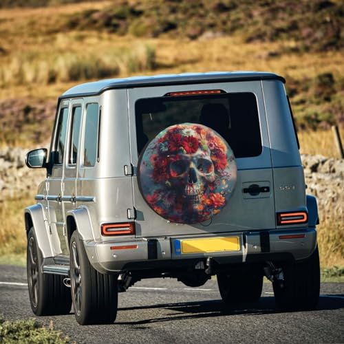 Image of Colourful Human Skull with Flowers Spare Tire Cover, Universal Wheel Tire Cover Funny Skull Skeleton Tire Protectors for Trailer RV SUV Truck Camper 14 Inch