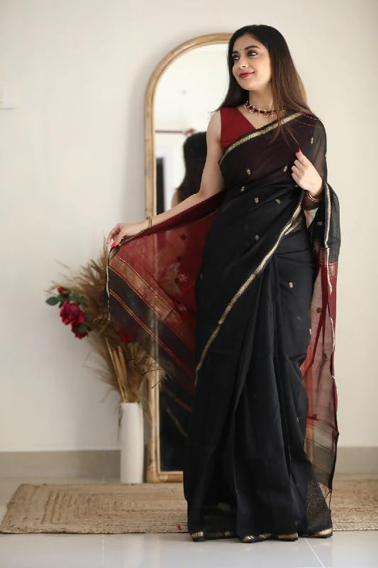 Image of Flosive Women's Chanderi Cotton Silk Saree in Dual-Tone Black & Maroon | Elegant Gold Zari Border with Butti Work | Traditional Saree with Unstitched Blouse Piece