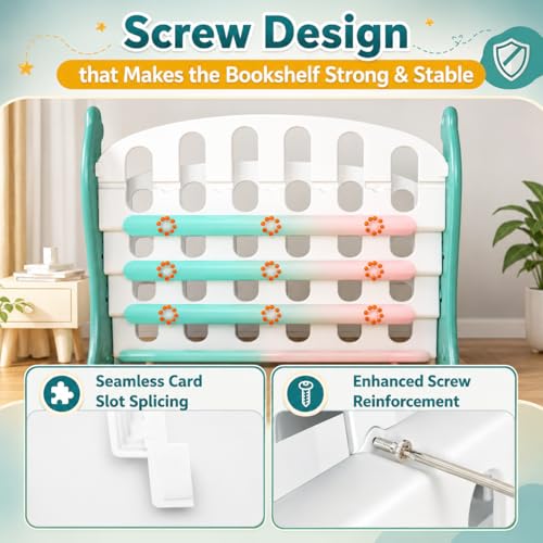 Image of Hukimoyo 2 in 1 Book Shelf Cabinet for Kids with Toy Organizers Storage Box for Home Front Facing Display Storage Bookshelf Rack for Kids, 3‑Tier Book Shelves with Storage Bin for Playroom Montessori