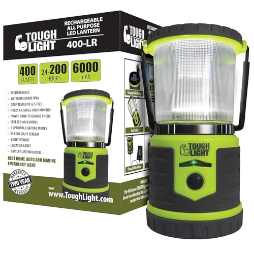 Tough Light USB Rechargeable Camping Lantern, 400 Lumens LED Lantern, Hanging Tent Lamp, 6000mAh Power Bank, 200 Hour, 6 Modes, for Outdoors & Emergency