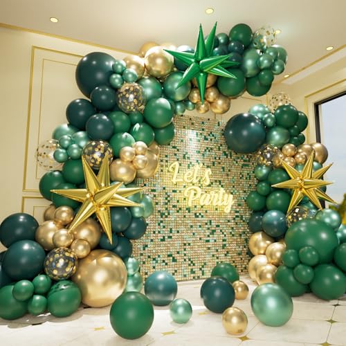 Green and Gold Balloon Garland Arch Kit with Explosion Star Foil Balloons Gold Dark Metallic Green Confetti Latex Balloons for Graduation Birthday Anniversary Safari Party Decoration Supplies
